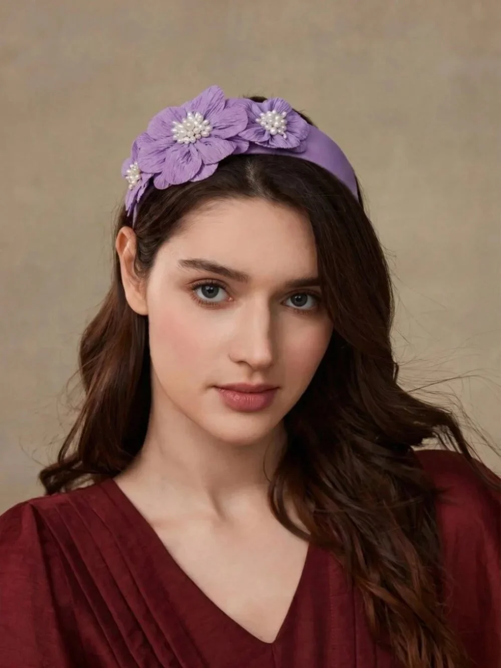 Lavender Pleated Flower Headband with Pearl Centers